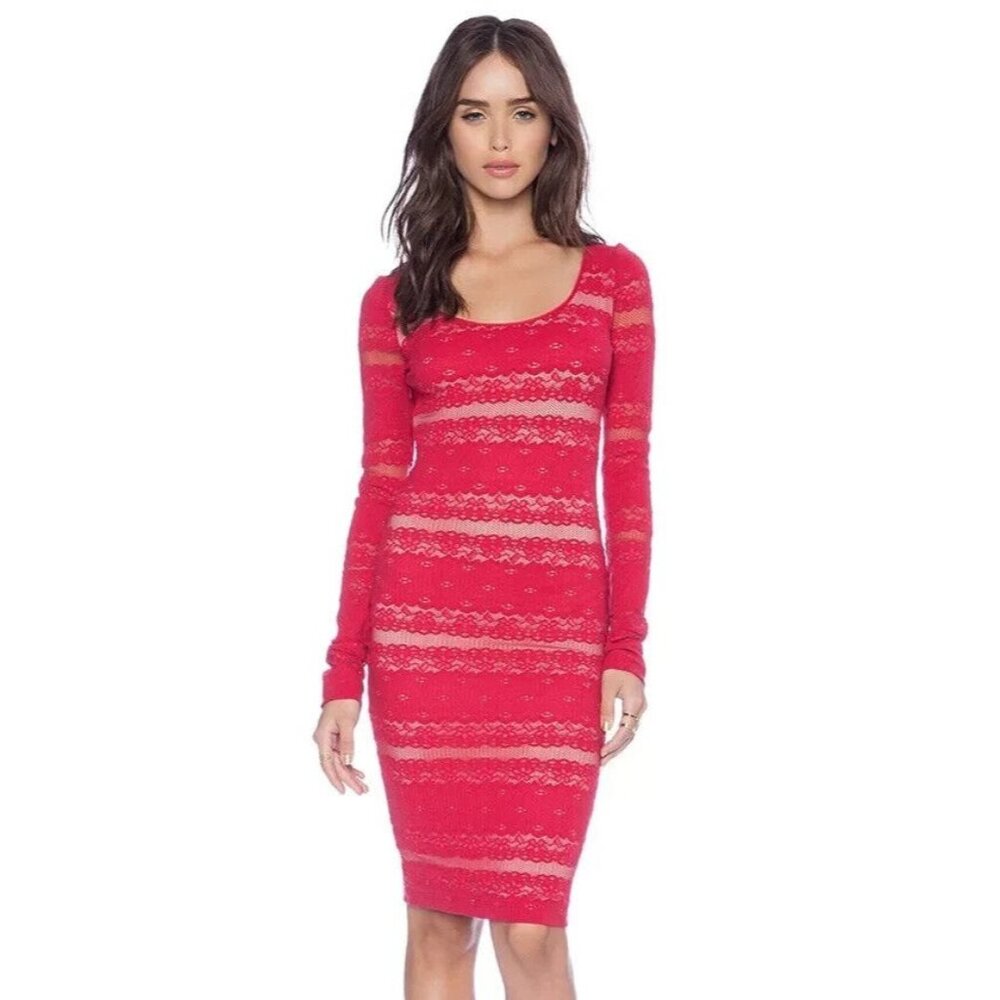 Bcbg Max Azria Dress Medium Lace Illusion Sheath Tanya Sangria Red Bodycon LS